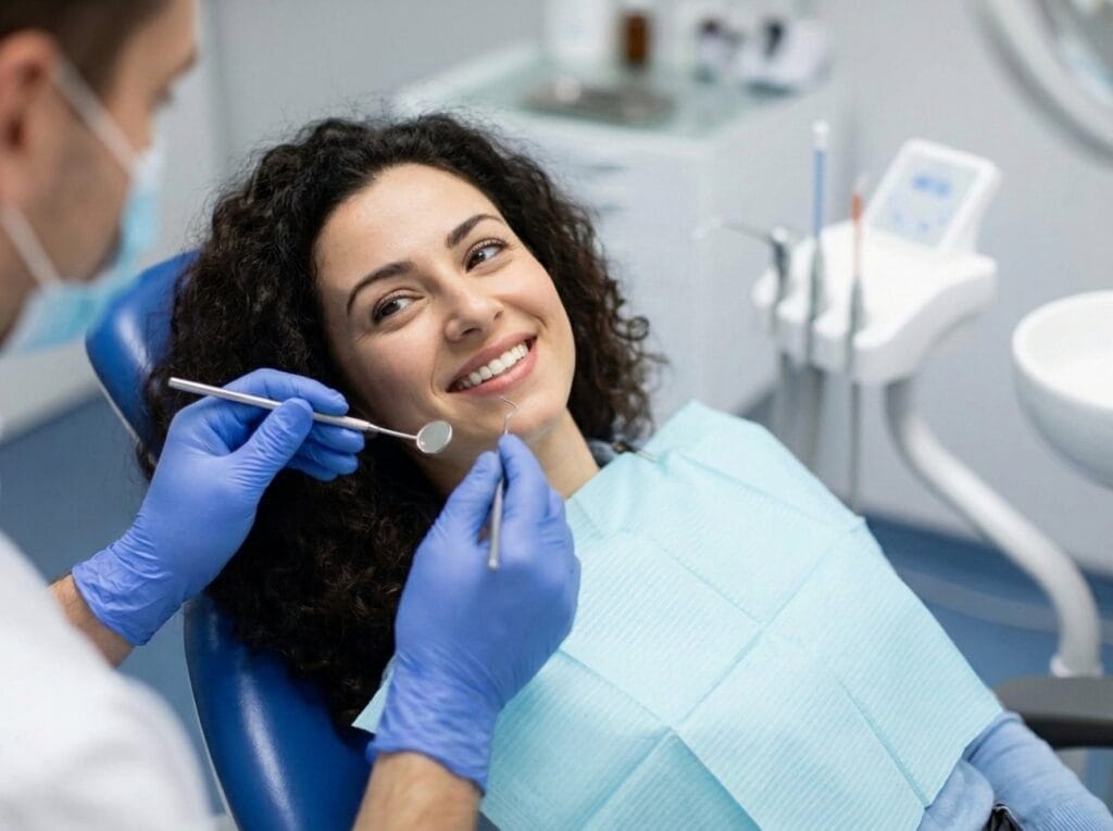 Uśmiechnięta pacjentka w fotelu dentystycznym podczas przeglądu przed implantacją